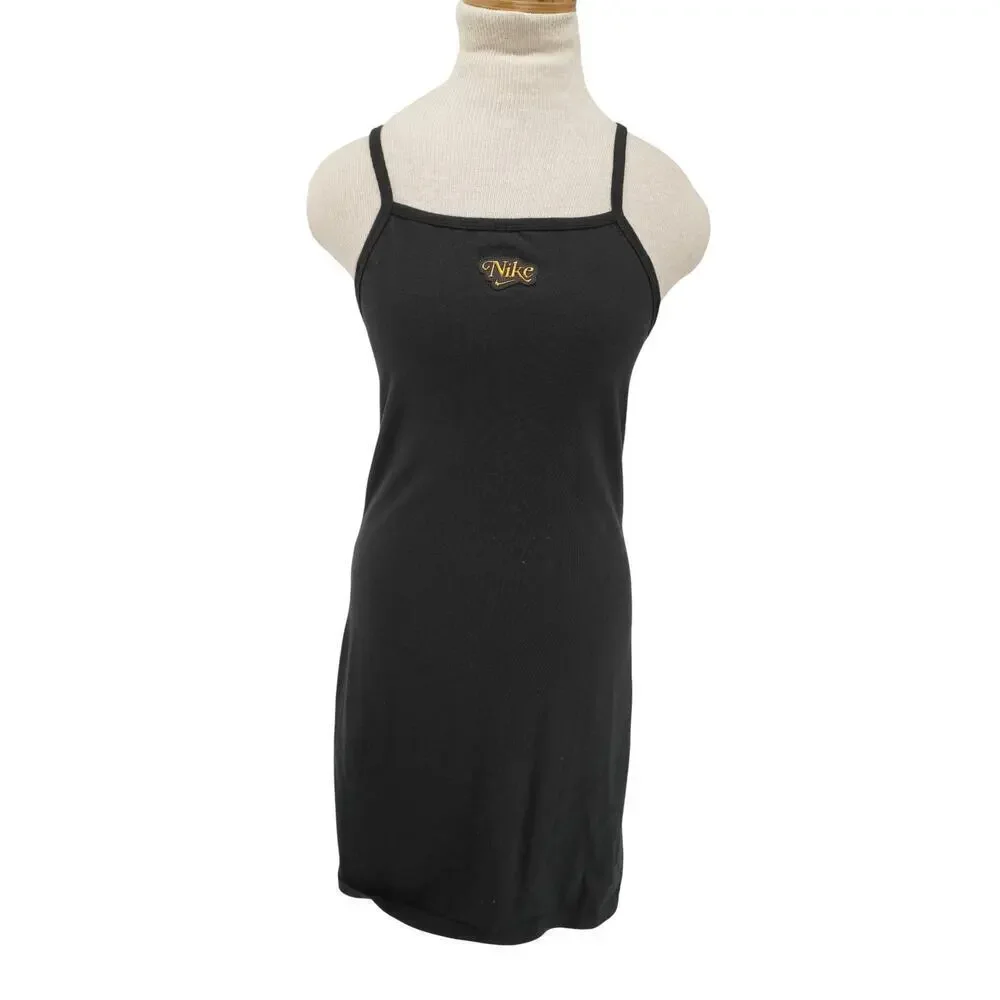 Nike Y2K Black Mini Dress Gold Script Logo Spaghetti Strap Bodycon Size Medium